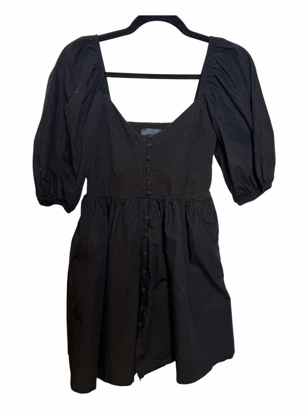 Maeve by Anthropologie Black Smocked Puff Sleeve Button Front Mini Dress S